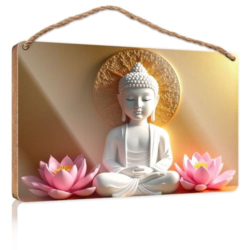 Farmhouse Decor Schilder, Buddha-Statue mit Lotusblumen, Holzschild, rustikale Küchendekoration und Zubehör, lustiges Badezimmer (15 x 28 cm) von CBRT