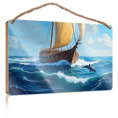 Frühlings-Veranda-Schild, Segelboot mit Delfinen im Ozean, Holzschild, Outdoor-Schilder und Dekoration, Spielzimmer-Dekoration (23 x 35 cm) von CBRT