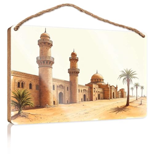 Frühlings-Veranda-Schild, Wüstenszene mit Moschee, Minaretten und Palmen, Holzschild, Outdoor-Schilder und Dekoration, Spielzimmer-Dekoration (20 x 30 cm) von CBRT