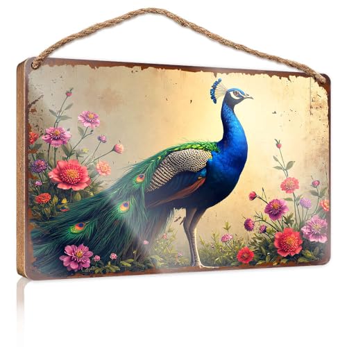 Frühlings-Veranda-Schild, ein majestätischer Pfau inmitten lebendiger Blumen, Holzschild, Outdoor-Schilder und Dekoration, Spielzimmer-Dekoration (23 x 35 cm) von CBRT