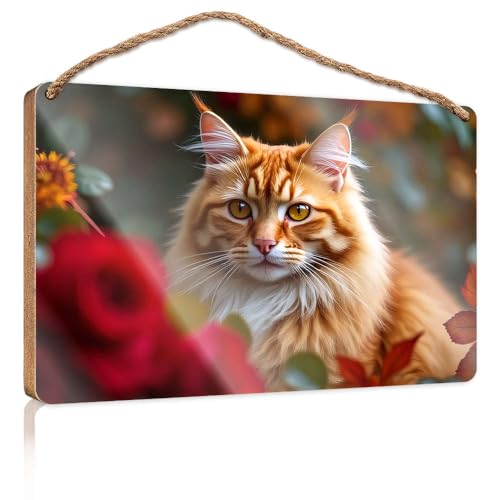Frühlings-Veranda-Schild, eine flauschige orangefarbene Katze, umgeben von lebendigen Blumen, Holzschild, Outdoor-Schilder und Dekoration, Spielzimmer-Dekoration (20 x 30 cm) von CBRT