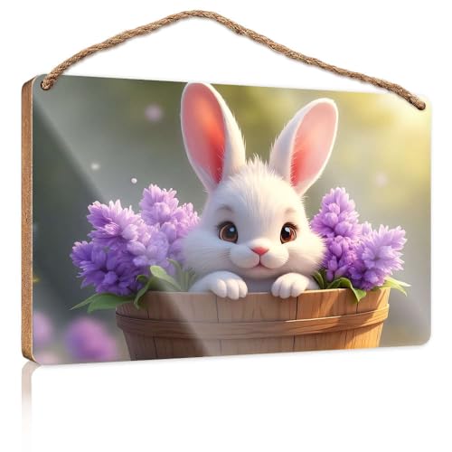 Frühlings-Veranda-Schild, niedlicher weißer Hase mit violetten Blumen in einem Holzkorb, Holzschild, Outdoor-Schilder und Dekoration, Spielzimmer-Dekoration (20 x 30 cm) von CBRT