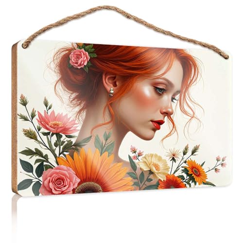 Frühlings-Veranda-Schild "A Woman with Vibrant Red Hair" verziert mit Blumen, Holzschild, Outdoor-Schilder und Dekoration, Spielzimmer-Dekoration (23 x 35 cm) von CBRT