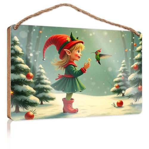 Frühlings-Veranda-Schild mit Aufschrift "A Child in Festive Attire Feeds A Kolibri in A Snowy Forest", Holzschild, Outdoor-Schilder und Dekoration, Spielzimmer-Dekoration (23 x 35 cm) von CBRT