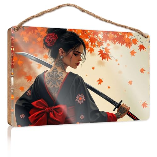 Frühlings-Veranda-Schild mit Aufschrift "A Woman in a Red Kimono with Intricate Tattoos Holds A Sword Wooded Sign Outdoor Signs and Decor Playroom Decor(23X35CM) von CBRT