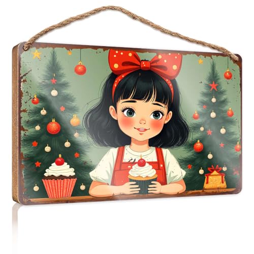 Frühlings-Veranda-Schild mit roter Schleife hält einen Cupcake vor Weihnachtsbäumen, Holzschild, Outdoor-Schilder und Dekoration, Spielzimmer-Dekoration (15 x 28 cm) von CBRT