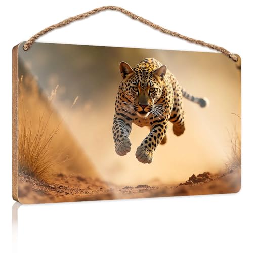 Frühlingsschild für die Veranda, ein Leopard läuft in der Wildnis, Holzschild, Outdoor-Schilder und Dekoration, Spielzimmer-Dekoration (20 x 30 cm) von CBRT