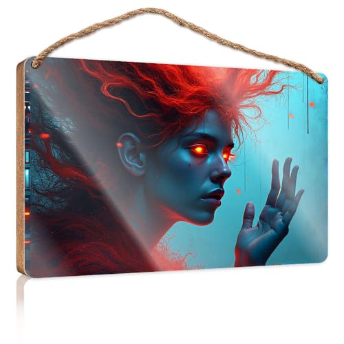 Frühlingsschild für die Veranda, eine Person mit leuchtenden roten Augen und feurigem Haar, Holzschild, Outdoor-Schilder und Dekoration, Spielzimmer-Dekoration (20 x 30 cm) von CBRT