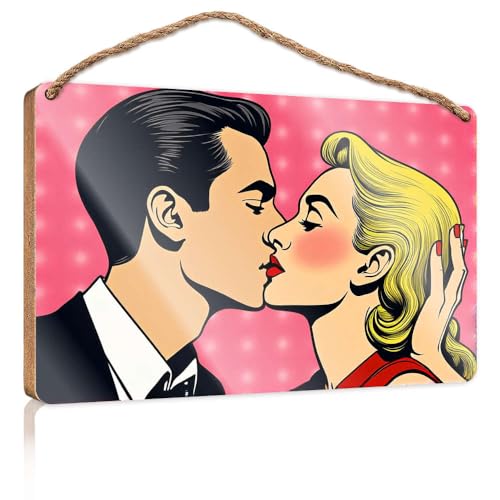 Hängendes Holzschild für Zuhause, romantische Pop-Art-Illustration eines Paares, das küsst, Holzschild, Veranda-Dekorationen, Holzschilder zum Basteln (23 x 35 cm) von CBRT