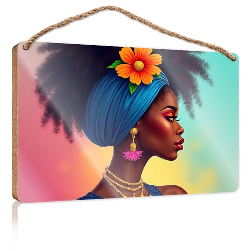 Hängendes Speisekammer-Schild, Dekoration, "A Woman With An Afro" trägt ein blaues Kopftuch, geschmücktes Holzschild, Herbst-Veranda-Schilder, Poster für Jungenzimmer (23 x 35 cm) von CBRT