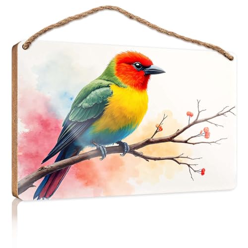 Hängendes Speisekammerschild, Dekoration, bunte Vogelsitzstangen auf einem Ast mit roten Beeren, Holzschild, Herbst-Veranda-Schilder, Poster für Jungenzimmer (15 x 28 cm) von CBRT
