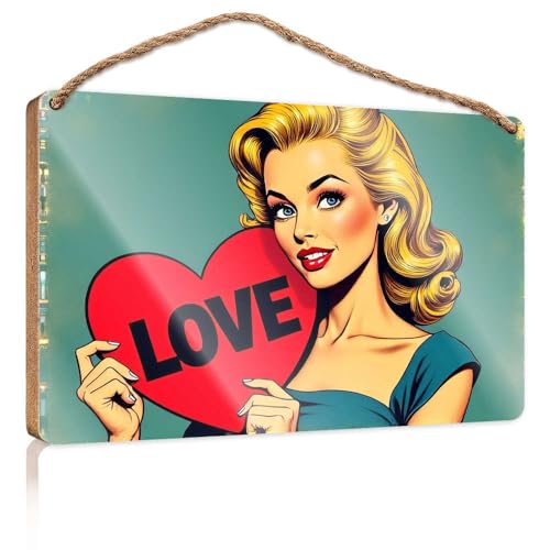 Holzschild "A Woman Holding A Woman Holding A Heart" mit dem Wort "Love On It", Holzschild, Outdoor-Schilder und Dekoration, Spielzimmer-Dekoration (23 x 35 cm) von CBRT