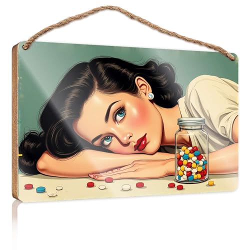 Holzschild mit Aufschrift "A Woman Rests Her Head On Colorful Pills" für den Außenbereich, Dekoration für Spielzimmer, 20 x 30 cm Holzschild mit Aufschrift "A Woman Rests Her Head On Colorful Pills" für den Außenbereich, Dekoration für Spielzimmer, 20 x 30 cm von CBRT