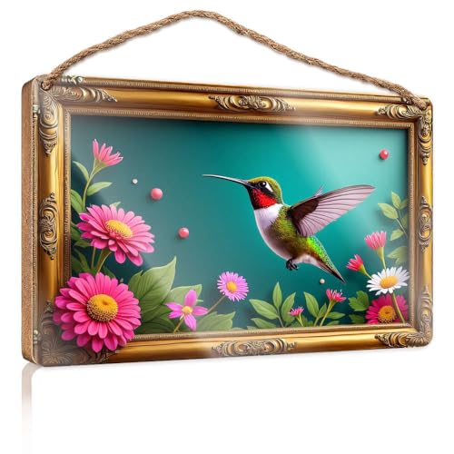 Holzschilder, Dekoration, Kolibri-Sitzstangen auf lebhaften rosa Blumen in einem kunstvollen Rahmen, Holzschild, Bürodekoration für Wand, lustige Box-Schilder (20 x 30 cm) von CBRT