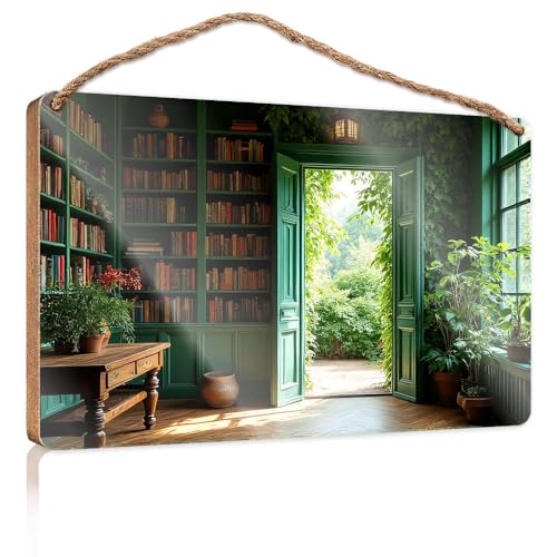 Holzschilder, Dekoration, eine gemütliche Bibliothek mit offener Tür, die zu einem üppigen Garten führt, Holzschild, Bürodekoration für Wand, lustige Kastenschilder (15 x 28 cm) von CBRT