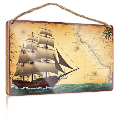 Kleine Holzschilder mit Sprüchen, Vintage-Karte mit Segelschiff auf Ozeanwellen, Holzschild, Raumzubehör für Männer, lustige Schilder für Schlafzimmer (20 x 30 cm) von CBRT