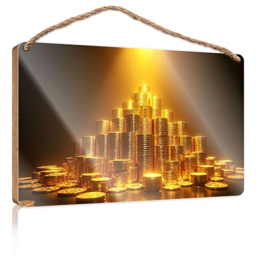 Küchen-Wandschild, goldene Münzen, hoch unter hellem Licht, Holzschild, Türdekoration, Willkommensschild (20 x 30 cm) von CBRT