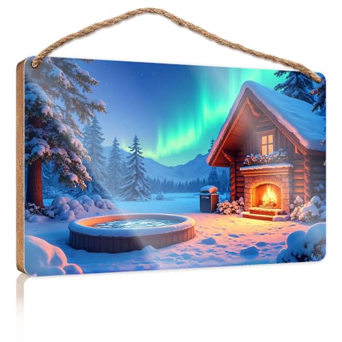 Küchen-Wandschild "A Cozy Cabin with A Fireplace and Hot Tub Under The Northern Lights", Holzschild, Türdekoration, Willkommensschild (20 x 30 cm) von CBRT