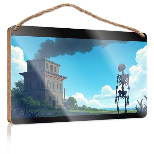 Küchen-Wandschild "A Skeleton Stands in Front of an Old Building with Smoke Wlowing from Its Chimney", Holzschild, Türdekoration, Willkommensschild (23 x 35 cm) von CBRT