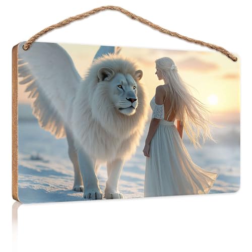 Küchen-Wandschild "A Woman in a White Dress Stands Beside A Winged Lion at Sunset", Holzschild, Türdekoration, Willkommensschild (15 x 28 cm) von CBRT