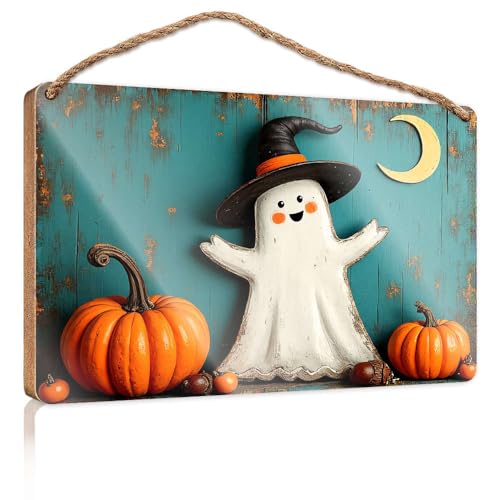 Lustige Schilder für Männerhöhle, Halloween-Geist mit Kürbissen unter einem Halbmond, Holzschild, Küchenschilder, Wanddekoration, Herbstbüro-Dekoration (20 x 30 cm) von CBRT