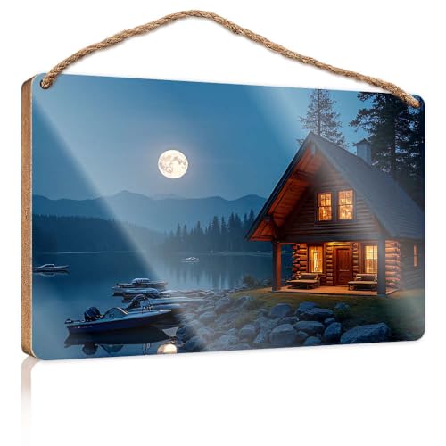 Lustige Schilder für Männerhöhle, Holzhütte am See unter einem Vollmond, Holzschild, Küchenschilder, Wanddekoration, Herbstbürodekoration (20 x 30 cm) von CBRT