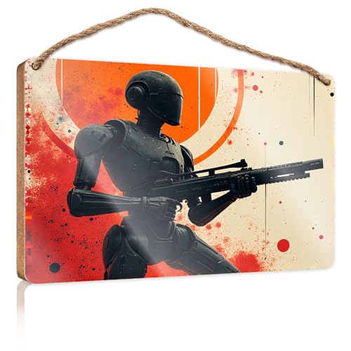 Lustige Schilder für Männerhöhle, Robotersoldat mit futuristischer Waffe, Holzschild, Küchenschilder, Wanddekoration, Herbstbürodekoration (20 x 30 cm) von CBRT