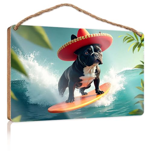 Lustige Schilder für Männerhöhle, Surfen, Bulldogge in einem Sombrero, Holzschild, Küchenschilder, Wanddekoration, Herbstbüro-Dekoration (23 x 35 cm) von CBRT