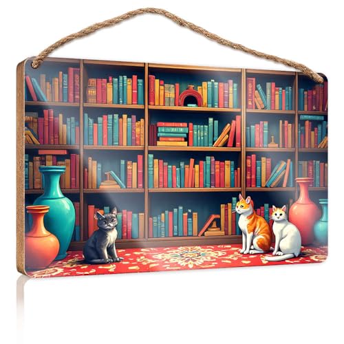 Lustige Schilder für Männerhöhle, drei Katzen, sitzen auf einem gemusterten Teppich vor bunten Bücherregalen, Holzschild, Küchenschilder, Wanddekoration, Herbstbüro-Dekoration (23 x 35 cm) von CBRT