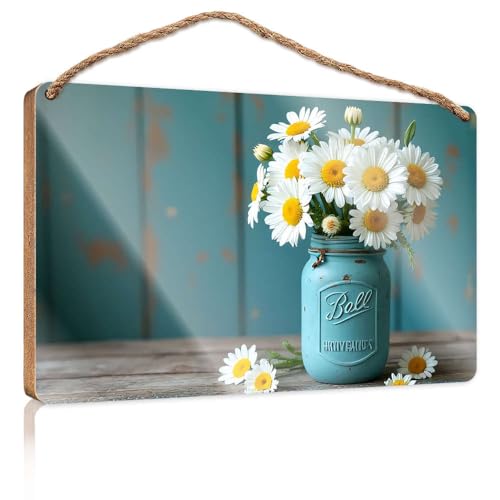 Lustige Schilder für Männerhöhle, ein Blumenstrauß aus Gänseblümchen in einem blauen Vintage-Maurerglas, Holzschild, Küchenschilder, Wanddekoration, Herbstbüro-Dekoration (15 x 28 cm) von CBRT