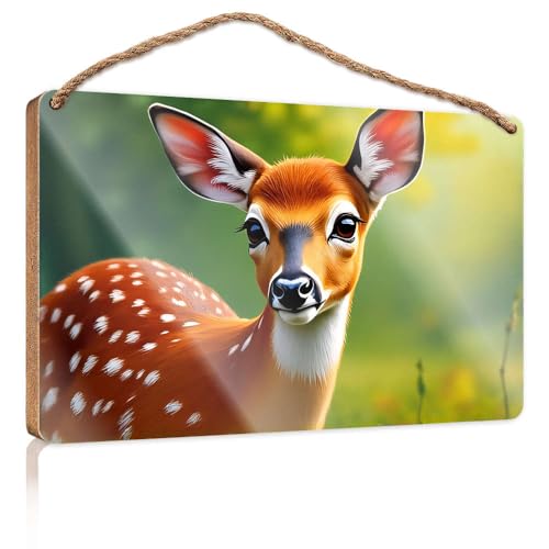 Lustige Schilder für Männerhöhle, ein gefleckter Hirsch mit großen Ohren, steht auf einem grünen Feld, Holzschild, Küchenschilder, Wanddekoration, Herbstbüro-Dekoration (20 x 30 cm) von CBRT