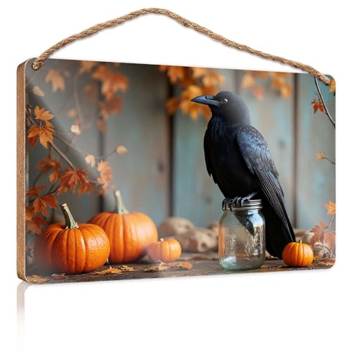 Lustige Schilder für Männerhöhle, eine Krähe sitzt auf einem Glas, umgeben von Kürbissen und Herbstblättern, Holzschild, Küchenschilder, Wanddekoration, Herbstbüro-Dekoration (20 x 30 cm) von CBRT