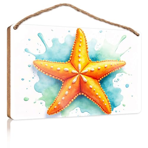 Lustige Schilder für Männerhöhle, lebendiger orangefarbener Seestern mit Wasserspritzern, Holzschild, Küchenschilder, Wanddekoration, Herbstbürodekoration (20 x 30 cm) von CBRT