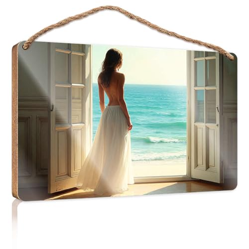 Lustiges Badezimmer-Dekor, Holzschild mit Aufschrift "A Woman in a White Dress Stands by an Open Door", Holz-Türschild, Bauernhaus, Wanddekoration, Schilder (23 x 35 cm) von CBRT