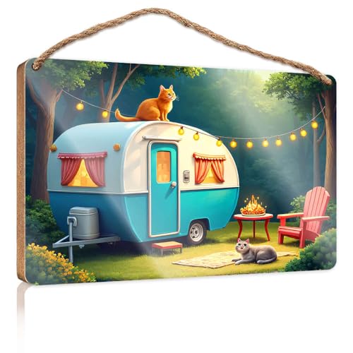 Lustiges Badezimmer-Zubehör, ein gemütlicher Campingplatz mit Katzen, Lichterketten und einer Feuerstelle, Holzschild, Bauernhaus, Wanddekoration, Schilder, Wandbehang, Dekoration für Herren (20 x 30 von CBRT