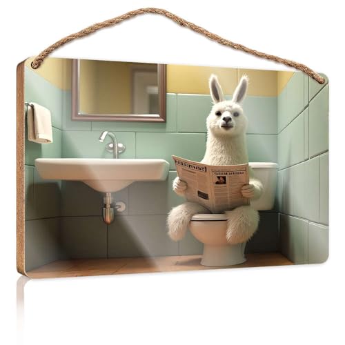 Türschild zum Aufhängen, Holzschild mit Aufschrift "A Lama is Reading A Newspaper in the Bathroom", Raumdekoration für Männer, Bauernhaus, Tischdekoration (15 x 28 cm) von CBRT