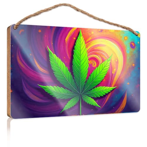 Wanddekoration, Sprüche, lebendiges Cannabisblatt vor einem wirbelnden Regenbogenhintergrund, Holzschild, Bauernhaus, Wanddekoration für Zuhause, Frühlingsdekoration (20 x 30 cm) von CBRT