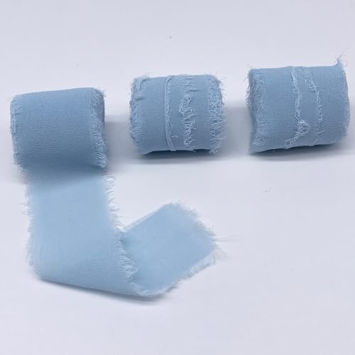 Chiffonband, 3 Rollen, 3,8 cm x 4,5 m, handgefertigtes Fransen-Seiden-Chiffonband-Set für Hochzeitseinladungen, Brautsträuße, Geschenkverpackungen, Weihnachtsdekoration, DIY Handwerk von CBValleyol