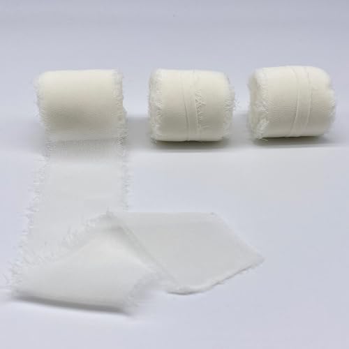 Chiffonband, 3 Rollen, 3,8 cm x 4,5 m, handgefertigtes Fransen-Seiden-Chiffonband-Set für Hochzeitseinladungen, Brautsträuße, Geschenkverpackungen, Weihnachtsdekoration, DIY Handwerk von CBValleyol