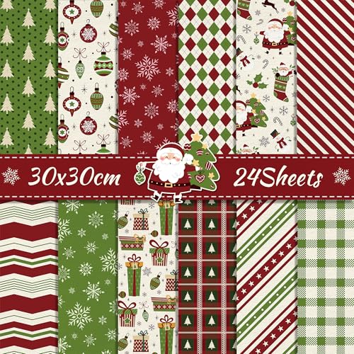 24 Blatt Motivpapier Weihnachten Scrapbook Papier Rot Grün Origami Weihnachten Bastelpapier Basteln Motivpapier,12 Designs Scrapbook Craft Papier Karte Herstellung DIY Hintergrundpapier,12x12Inch von CC HOME