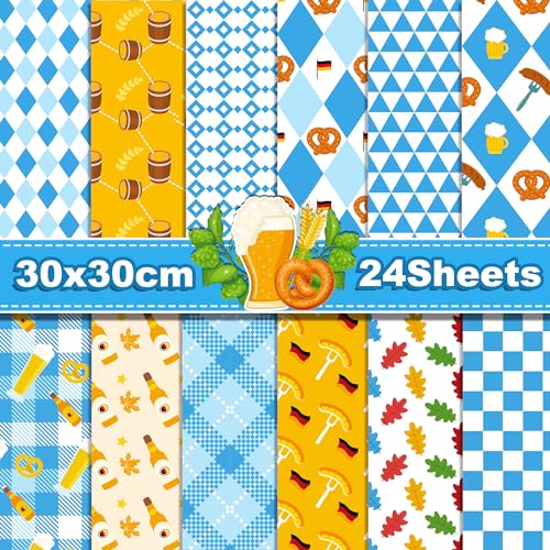 CC HOME 24 Blatt Oktoberfest Scrapbook Papier, 12 Designs, Deutsches Bierfestival Bastelpapier, 30x30 cm, Quadratisch, Orange, Blue, Multicolored von CC HOME