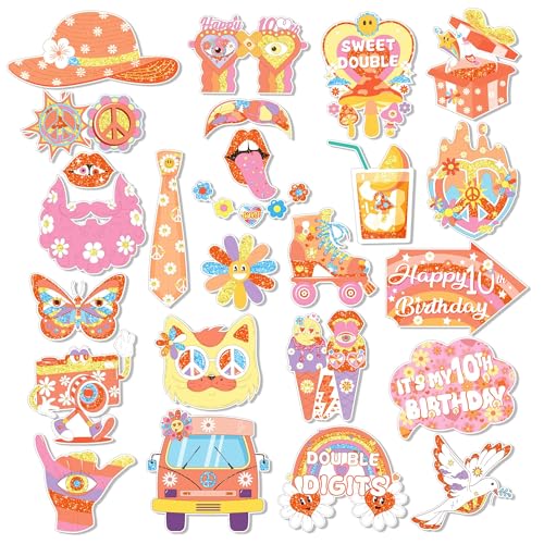 CC HOME 25 x Hippie-Fotoautomaten-Requisiten, Boho-Gänseblümchen-Schulbus, Regenbogen-Peace-Party-Dekorationen, Gastgeschenk für Happy 10th Birthday Motto-Party-Zubehör, Essentials mit Stäbchen und von CC HOME