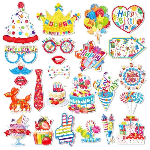 CC HOME Bunte Geburtstags-Fotoautomaten-Requisiten, Hut, Brille, Kuchen, Party-Dekorationen, Gastgeschenk für Geburtstagsparty, Zubehör mit Stäbchen und Klebstoffen, 25 Stück von CC HOME