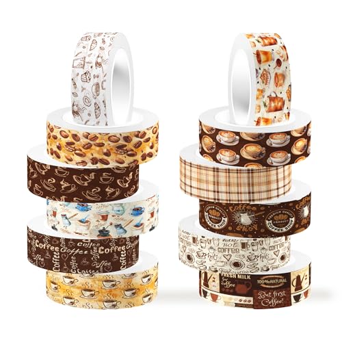 CC HOME Kaffee Washi Tape Set 12 Rollen Masking Tape Dekoratives Klebeband Café Stickers für Scrapbook Zubehör Journaling Zubehör Junk Tagebuch DIY Kunsthandwerk Tagebuch Alben Bastelmittel von CC HOME