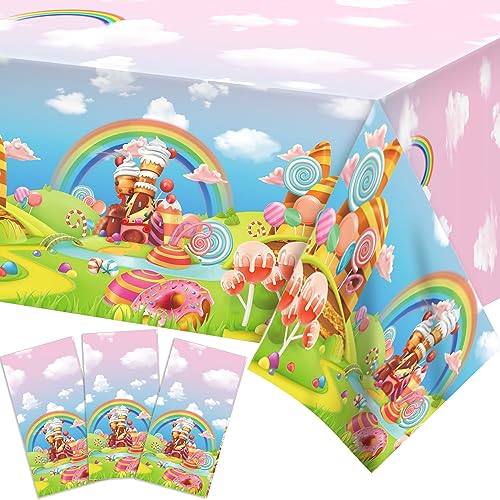 Candyland Party Tischdecke, Donut Plastik Tischdecken für Partys Candy Land Lollipop Einweg-Tischdecke für Party Lollipop Geburtstag Tischdecke Rechteckige Plastik Tischdecken 3Pcs von CC HOME