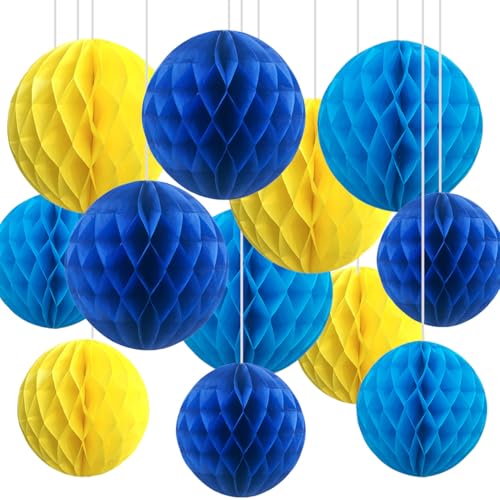 12er Blau und Gelb Papier Wabenbälle,Hängende Seidenpapier Honeycomb Balls for Party Dekoration(6inch&10inch) von CC wonderland zone