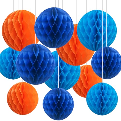 12er Blau und Orange Papier Wabenbälle,Hängende Seidenpapier Honeycomb Balls for Party Dekoration(6inch&10inch) von CC wonderland zone