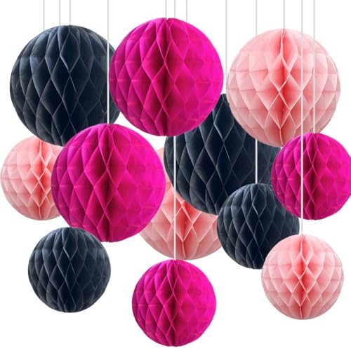 12er Schwarzer und Rosa Papier Wabenbälle,Hängende Seidenpapier Honeycomb Balls for Party Dekoration(6inch&10inch) von CC wonderland zone