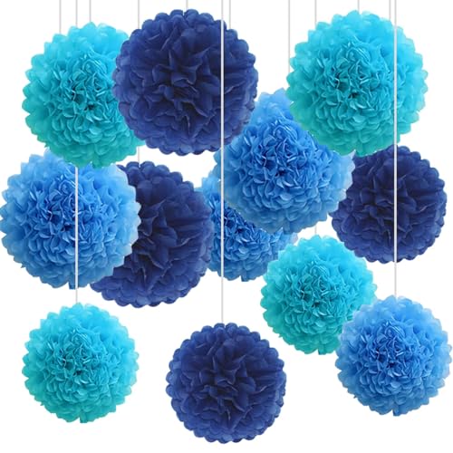 CC wonderland zone 12 Stück Blau Seidenpapier Pompons,Papier Pom Poms Seidenpompons für Party Deko(Marineblau,Hellblau,Blau) von CC wonderland zone