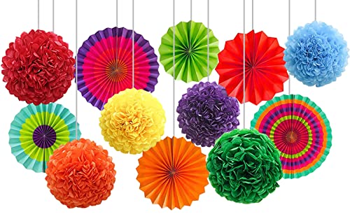 12 Stück Bunt Seidenpapier Pompons und Hängende Papierfächer Set,Papier Seidenpompons und Papier Fächer für Faschingsdeko,karnevalsdeko,Party Deko von CC wonderland zone